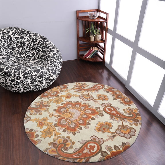 Rugsotic Carpets Hand Tufted Wool Eco-Friendly 8'x8' Area Rugs Round Beige Floral Modern High Pile Thick Handmade Anti Skid Indoor Rug for Living Room, Bedroom K00151