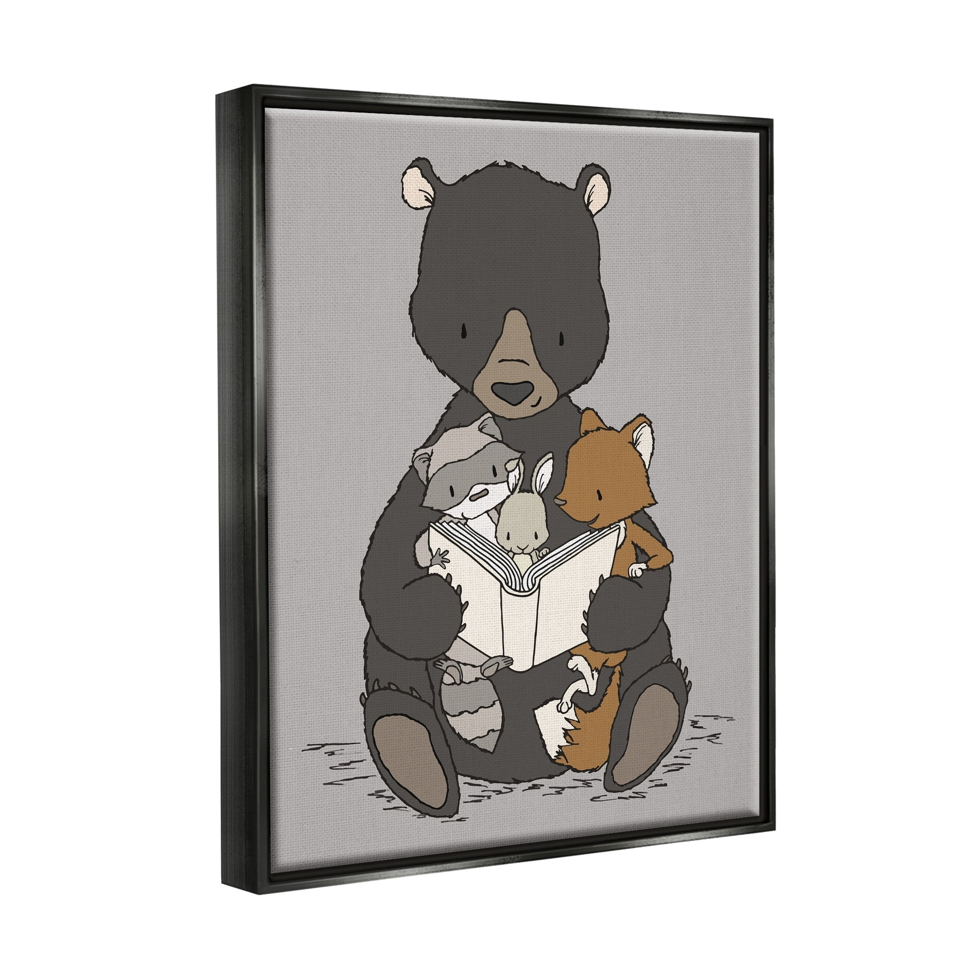 Stupell Industries Woodland Animals Family Bear Reading Book to Babies Graphic Art Jet Black Floating Framed Canvas Print Wall Art, Design by Sweet Melody Designs