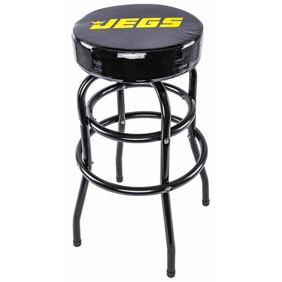 JEGS Heavy Duty Bar Stool - 28.5" High With 14 Inch 360 Degree Swivel - Vinyl Padded Logo Seat - Up to 300lb Capacity for Garage and Workshop