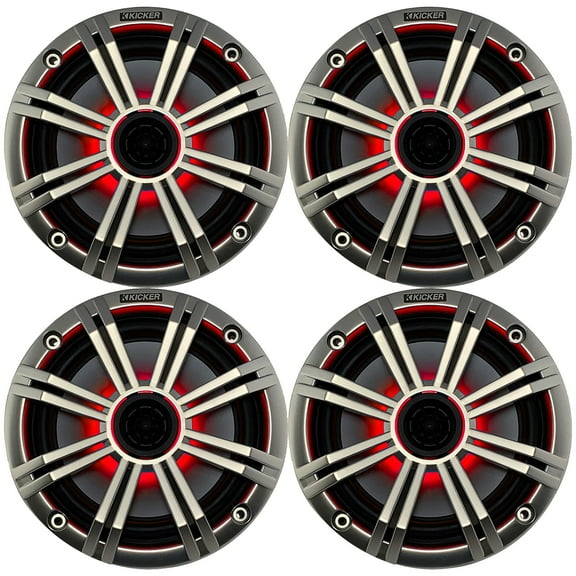2 Pairs (4 Speakers Total) of Kicker 6.5" OEM Replacement 195W Marine Coaxial 2-Way Speakers (Silver Grilles) with MultiColor LED Lighting Capability