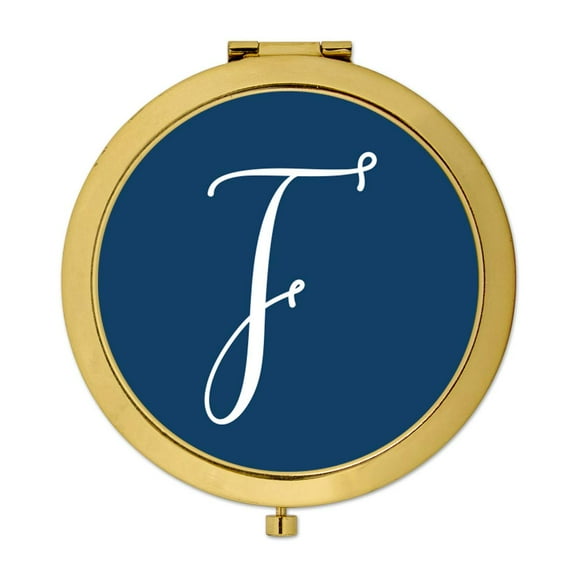 Koyal Wholesale Gold Compact Mirror Bridesmaid's Wedding Gift, Navy Blue, Monogram Letter F, 1-Pack