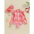 thumbnail image 2 of Toddler Baby Girls One Piece Swimsuits Kids Girls Long Sleeve Ruffle Zipper Floral Print Jumpsuit with Hat Rash Guard Beach Bathing Suit 0-3Y, 2 of 9