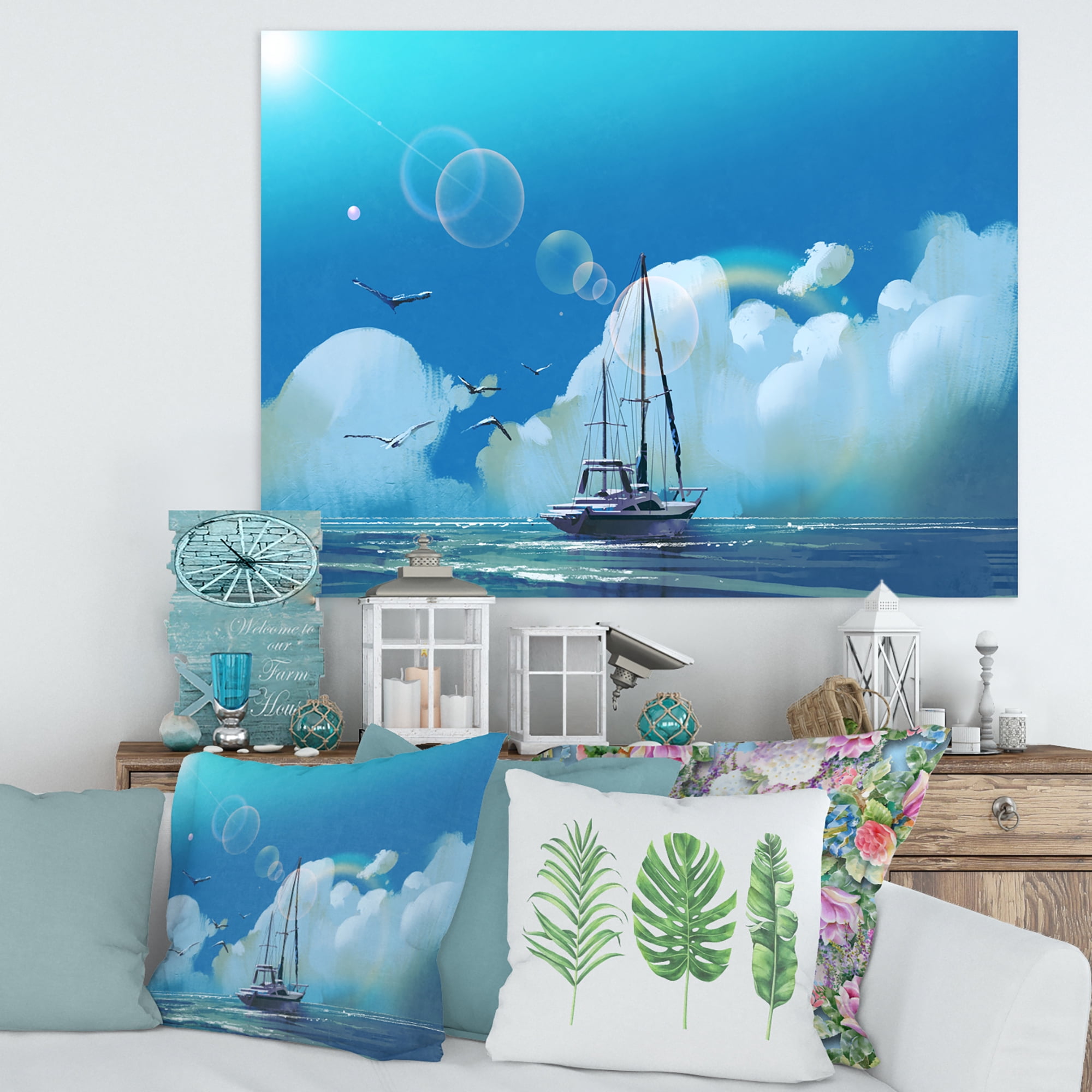 Designart ' The Sailboat On The Blue Sea Against Summer Clouds Sky ' Nautical & Coastal Canvas Wall Art Print