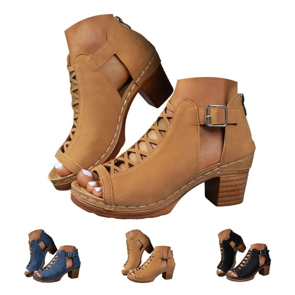 Dakaela Chunky Heeled Sandals for Womens 2026 Open Toe Cutout Summer Ankle Boots Comfortable Slip on Hollow Dress Shoes Black 6