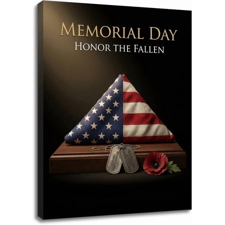 SHIRVA Patriotic Military Wall Decor Folded US Flag and Dog Tags Canvas Print Memorial Day Honor The Fallen Theme Remembrance Artwork for Home Office Tribute Unframed Paper Poster 24x36in