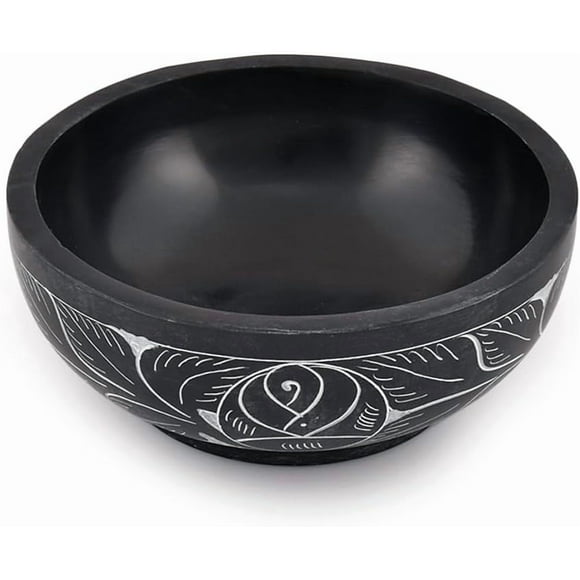 Kaizen Casa Hand Carved Natural Stone Bowl, Smudge Bowl, Stone Bowl, Smudge Pot, White Leaf Carved Design |Size_5” x 2” – Black | Ritual Bowl Display Bowl Jewelry Dish Kitchen Table Decor Gift.