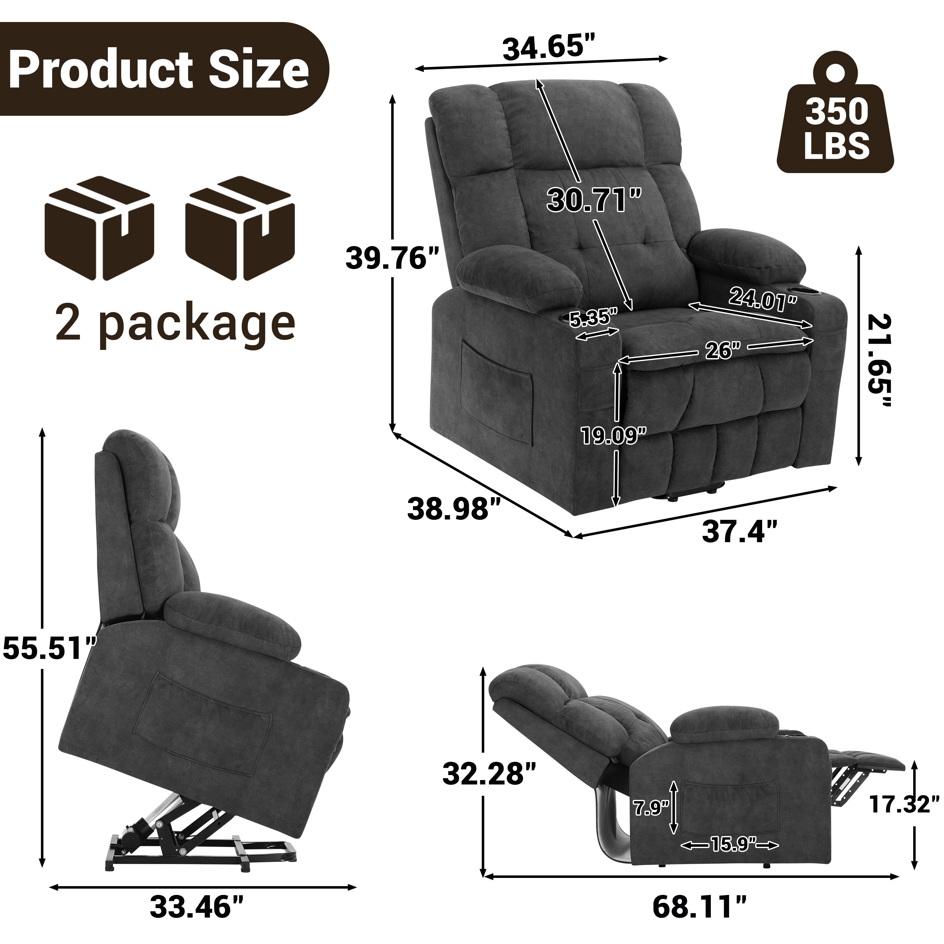 Oversized Power Lift Recliner, LEGAHOME 26in Large Wide Lift Chair for Elderly, Massage Recliner with Heat for Big and Tall Adults, Living Room Recliner Chair with Cup Holders, Gray