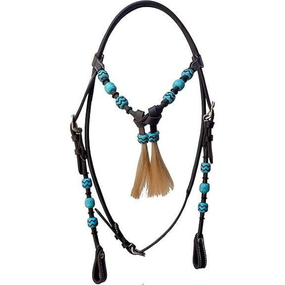 Western Leather Round Headstall with Natural Hand Braided Turquoise Rawhide Futurity Knot Natural Hair Tassels Bridle -Dark Brown