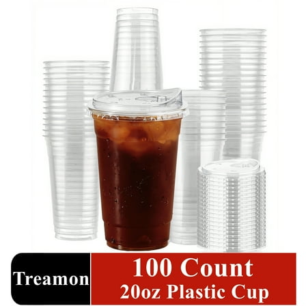 Treamon Clear Plastic Cups with Lids, Disposable Ice Coffee Cups with Strawless Sip Lids, 20 oz 100 Count