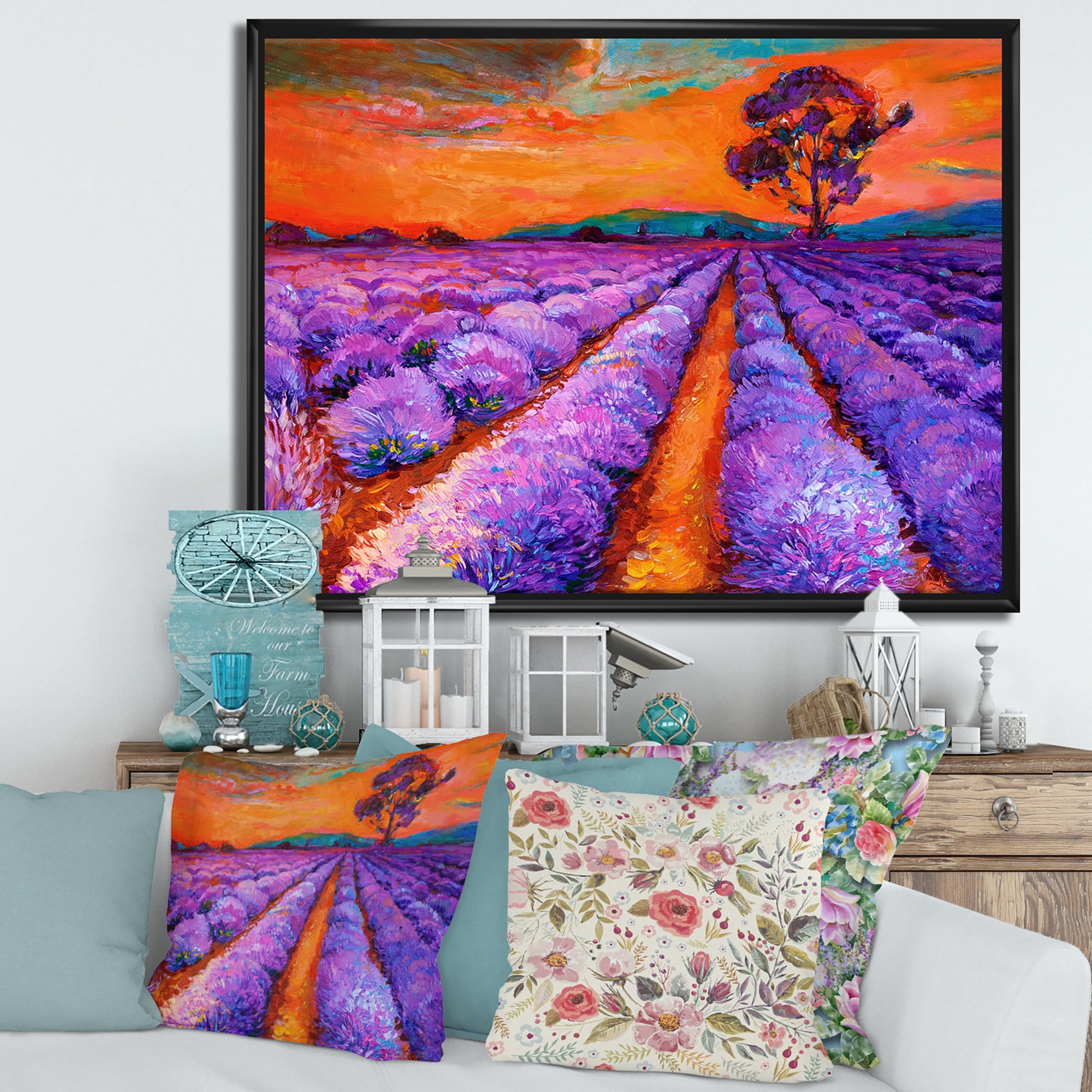 Designart 'An Orange Sunset Over Purple Lavender Fields I' Farmhouse Framed Canvas Wall Art Print