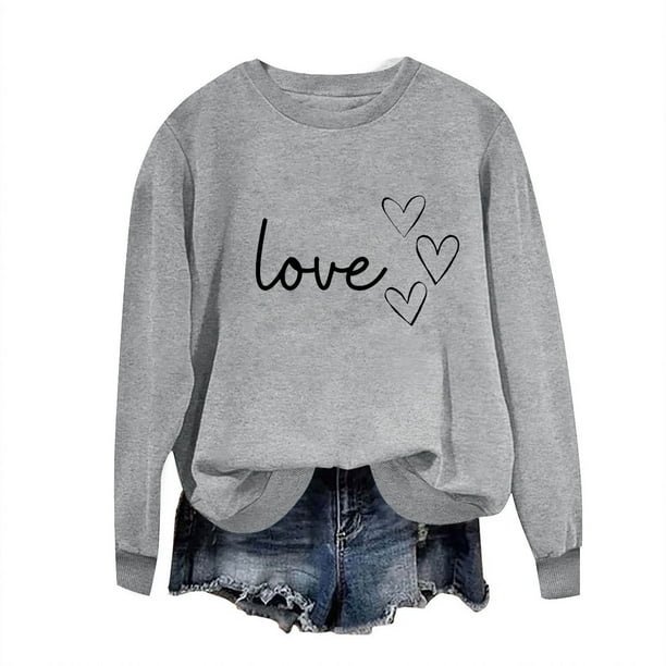 Sudadera Penkiiy Valentine para mujer: lindas camisetas del día de San Valentín Love Heart Graphic Print Suéter de manga larga Tops XL Gray