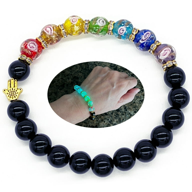 Glow in the Dark Firefly Beads + Black Agate Quartz Beaded Chakra  Bracelets, Luminous Murano Glass Beads & Natural Gemstone Crystal Beads  Bracelet