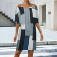 thumbnail image 2 of Blue And Black And Grey Squares Women's Off The Shoulder Ruffles Summer Wedding Guest Loose Casual Party Beach Dress, 2 of 9