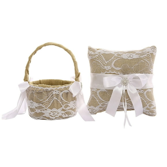 1 juego de cesta de lino para boda, almohada para anillos con lazo de encaje, decoración para anillos, suministros para bodas