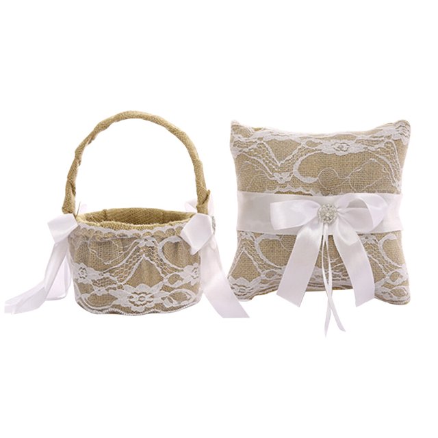 1 juego de cesta de lino para boda, almohada para anillos con lazo de encaje, decoración para anillos, suministros para bodas