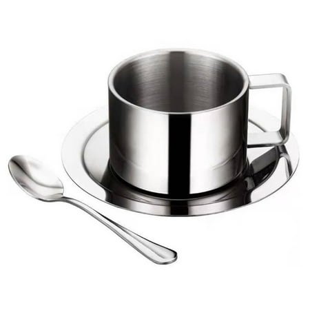 

Leke Double-deck Stainless Steel Coffee Mug Tea Cups Milk Mug with Saucer Mat Spoon