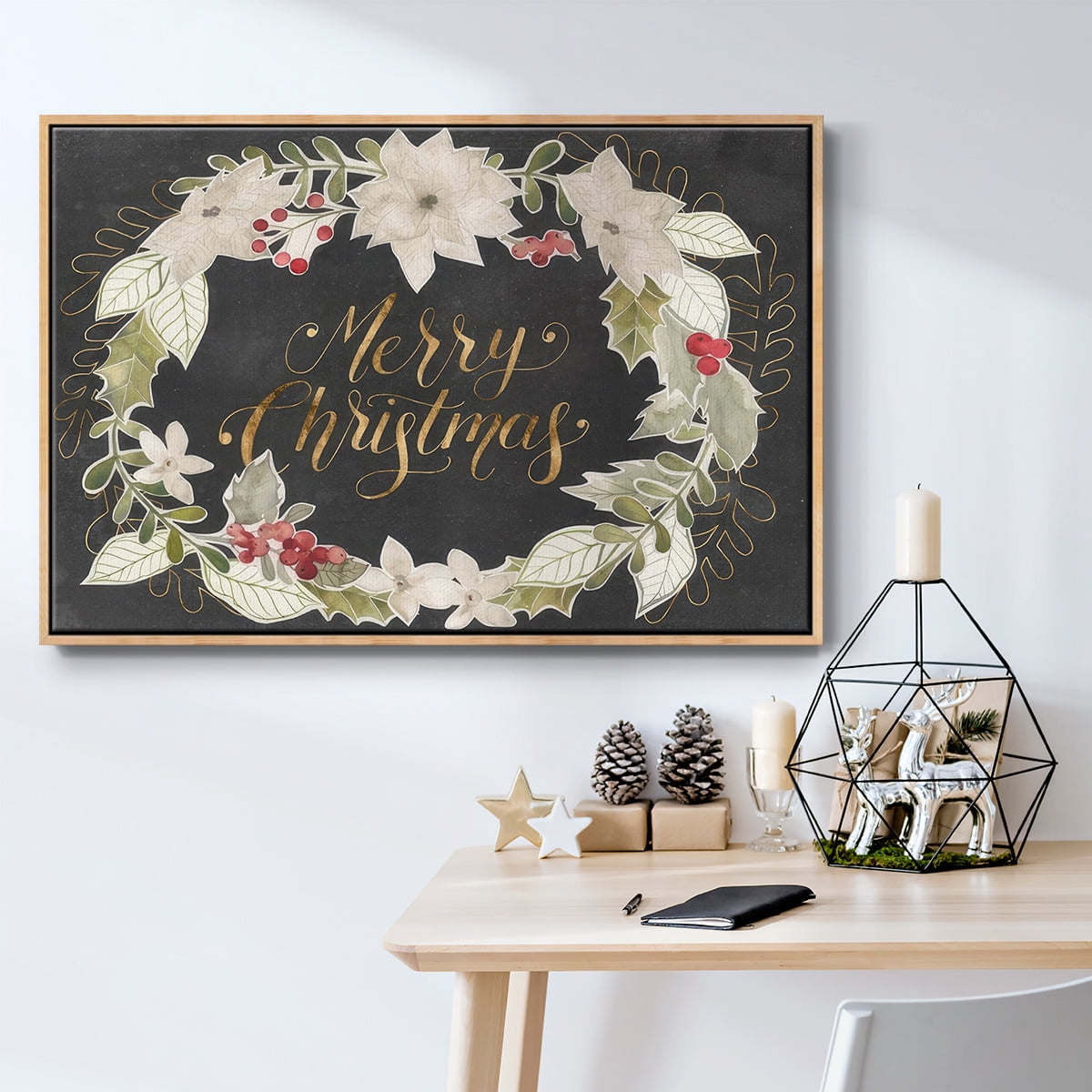 Gilded Christmas Collection A - Framed Gallery Wrapped Holiday Canvas - 17 x 25 - Natural Wood Frame