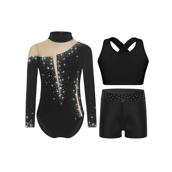 TTAO Kids Tumbling Dance Outfits Athletic Workout for Girls Ballet Unitard with Sports Bra and Shorts Gymnastics Set Black 8