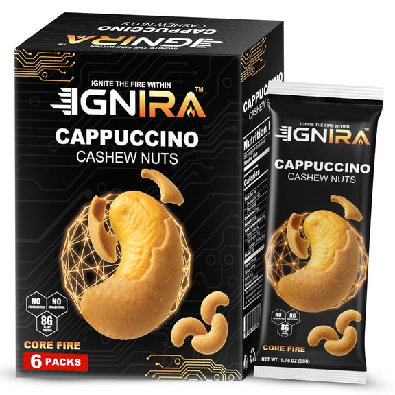IGNIRA Cappuccino Cashew Nuts, Roasted Cashew Nuts with Cappuccino Flavor, Coffee-Flavored, Plant-Based Protein Snack, No Cholesterol, No Preservatives, Core Fire Energy - Pack of 6 (1.76 oz/unit)