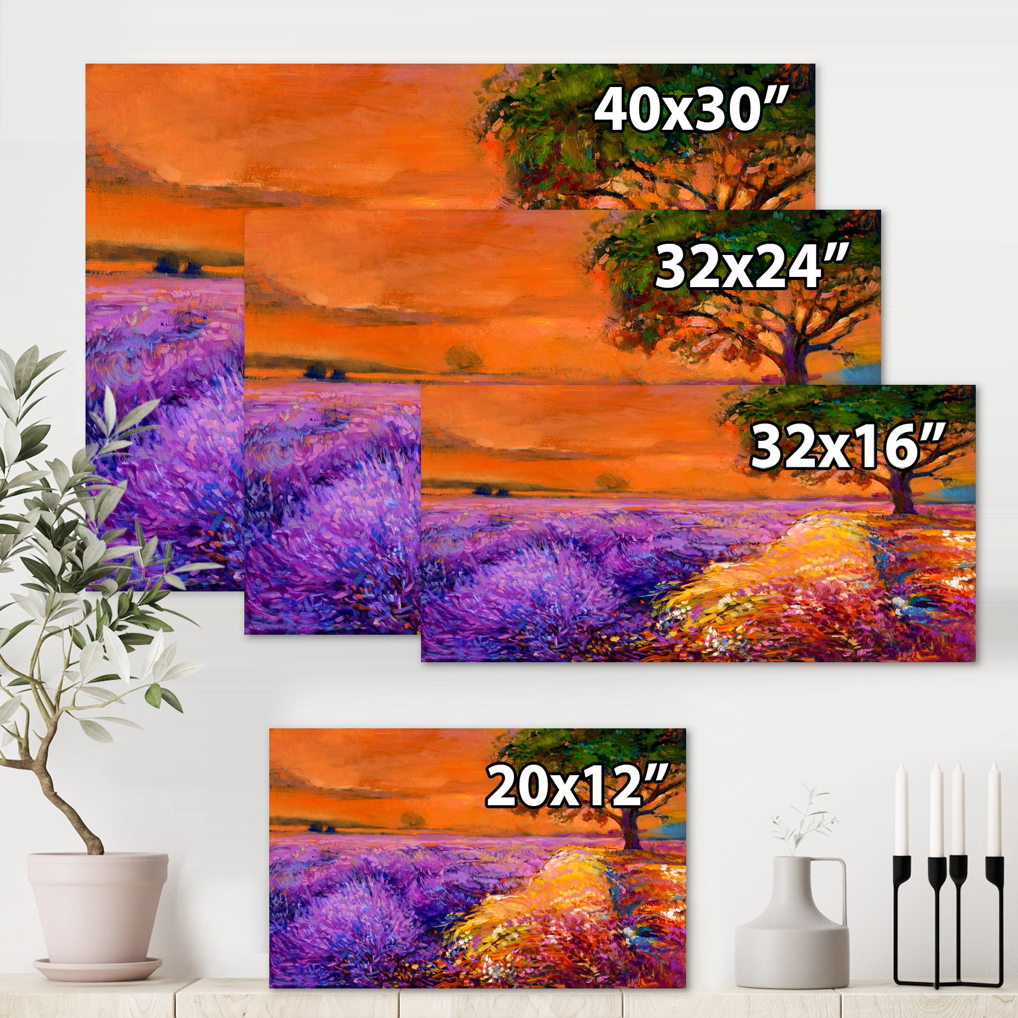 Designart ' An Orange Sunset Over Purple Lavender Fields II ' Farmhouse Canvas Wall Art Print