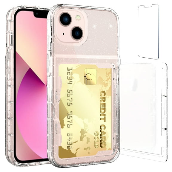 Allytech Case for iPhone 13 5G 6.1" Cover with Credit Card Holder ID Slot, Dual Layer Anti-Scratch Back Card Pockets Skin Cover with HD Tempered Glass Screen Protector for iPhone 13 2021, Shinny Clear