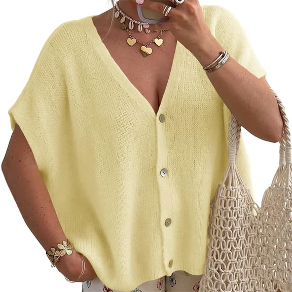 Short Sleeved Oversized Women Solid V-neck Casual Loose Knit Sweater Lightweight Button Tops