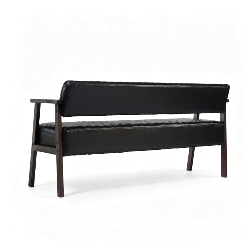 58.27" Diamond Quilted PU Faux Leather Waiting Bench with Wood Armrests, Upholstered Reception Bench for Salon Lobby Office, Black