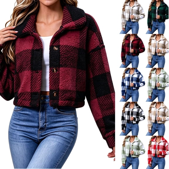 Dzrciro Fleece Jacket for Women, Plaid Long Sleeve Lapel Button Front Cropped Sherpa Coat, Winter Warm Outerwear S‑2XL