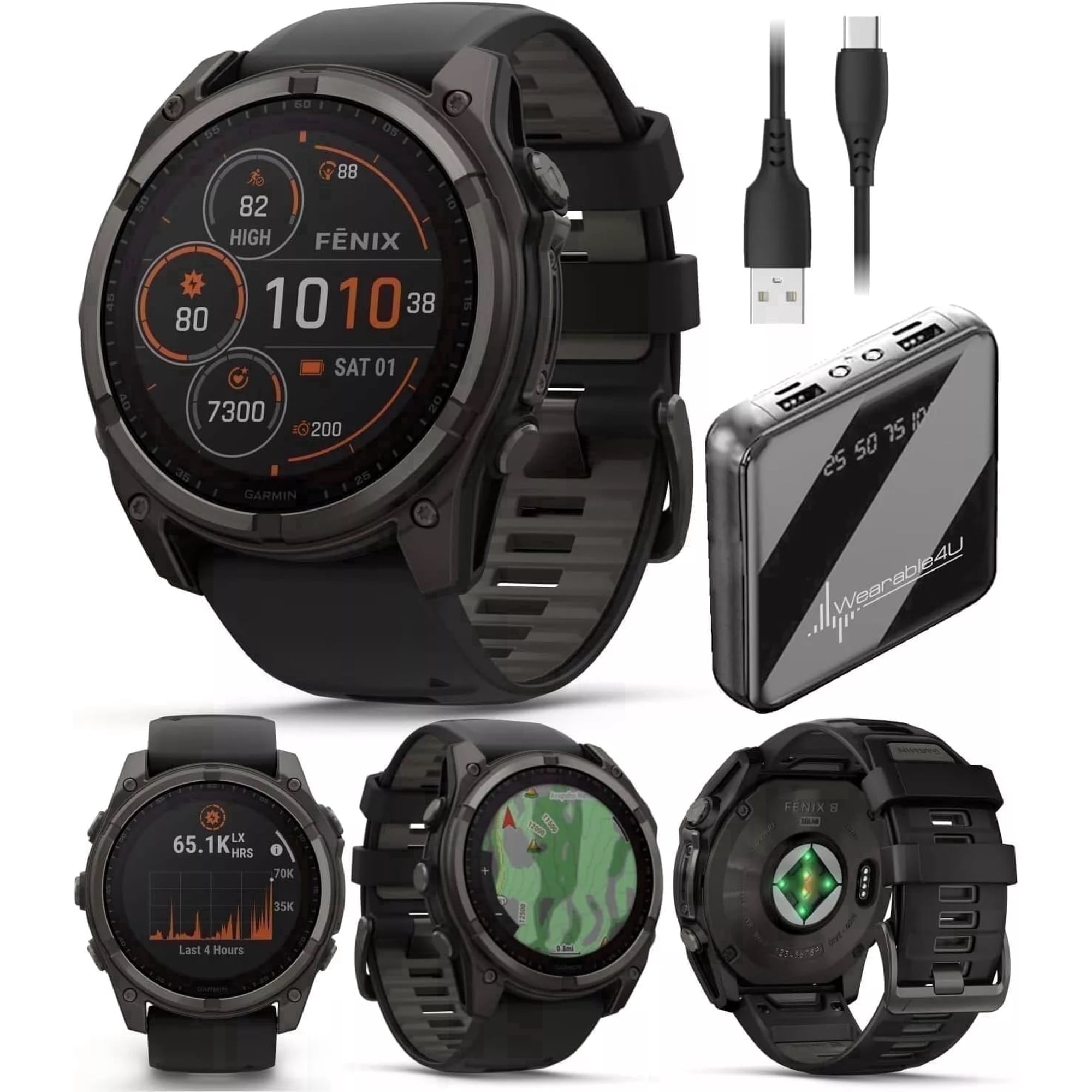 Garmin Fenix 8 - 51 mm, Solar, Sapphire, Carbon Gray DLC Titanium with Black/Pebble Gray Silicone Band GPS Smartwatch with Power Bank