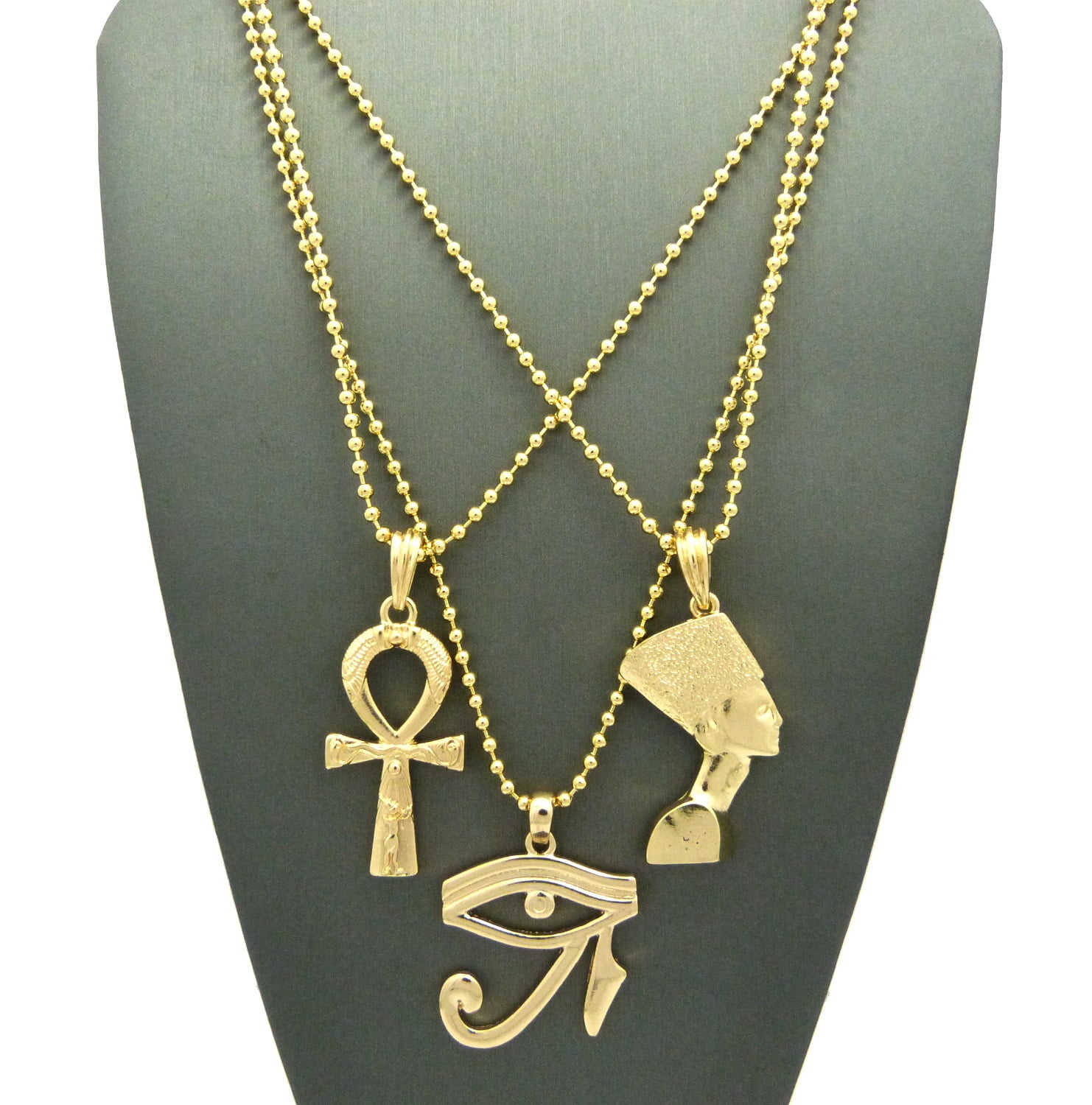 Nefertiti Pendant W/ 20",24" Rope Chain 2 Necklace Set Gold PT Egypt Mini Ankh 