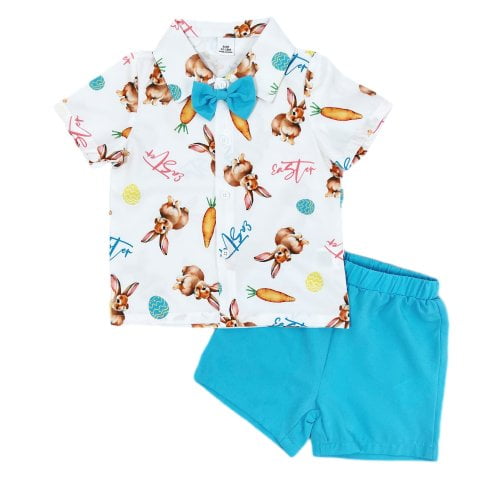 PureChapter Toddler Boys' Easter Outfit Set Bunny & Carrot Print Short Sleeve Shirt with Bow Tie & Shorts