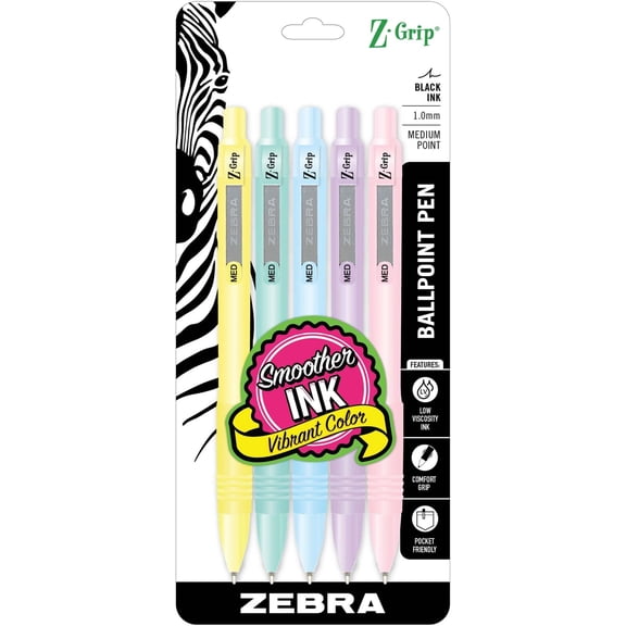 Zebra Pen Z-Grip Pastel Retractable Ballpoint Pen Black Ink 1.0mm 5 Pack