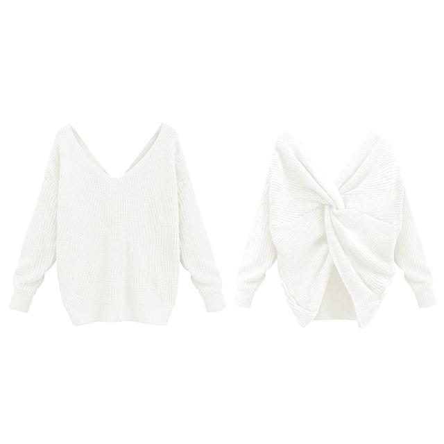 Women's Two Piece V Neck Knotted Over Open Back Knit Sweater Topdacron