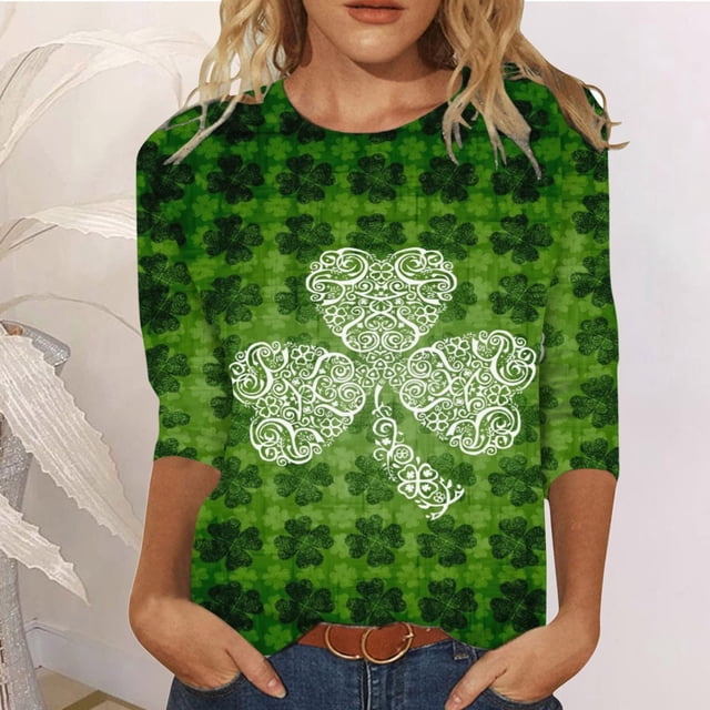 Hauts d'Été Mignons Mode Féminine T-shirt Imprimé Jour de la Saint-Patrick Manches 3/4 Blouse Col Rond Hauts Décontractés Hauts d'Été pour Femmes en Liquidation