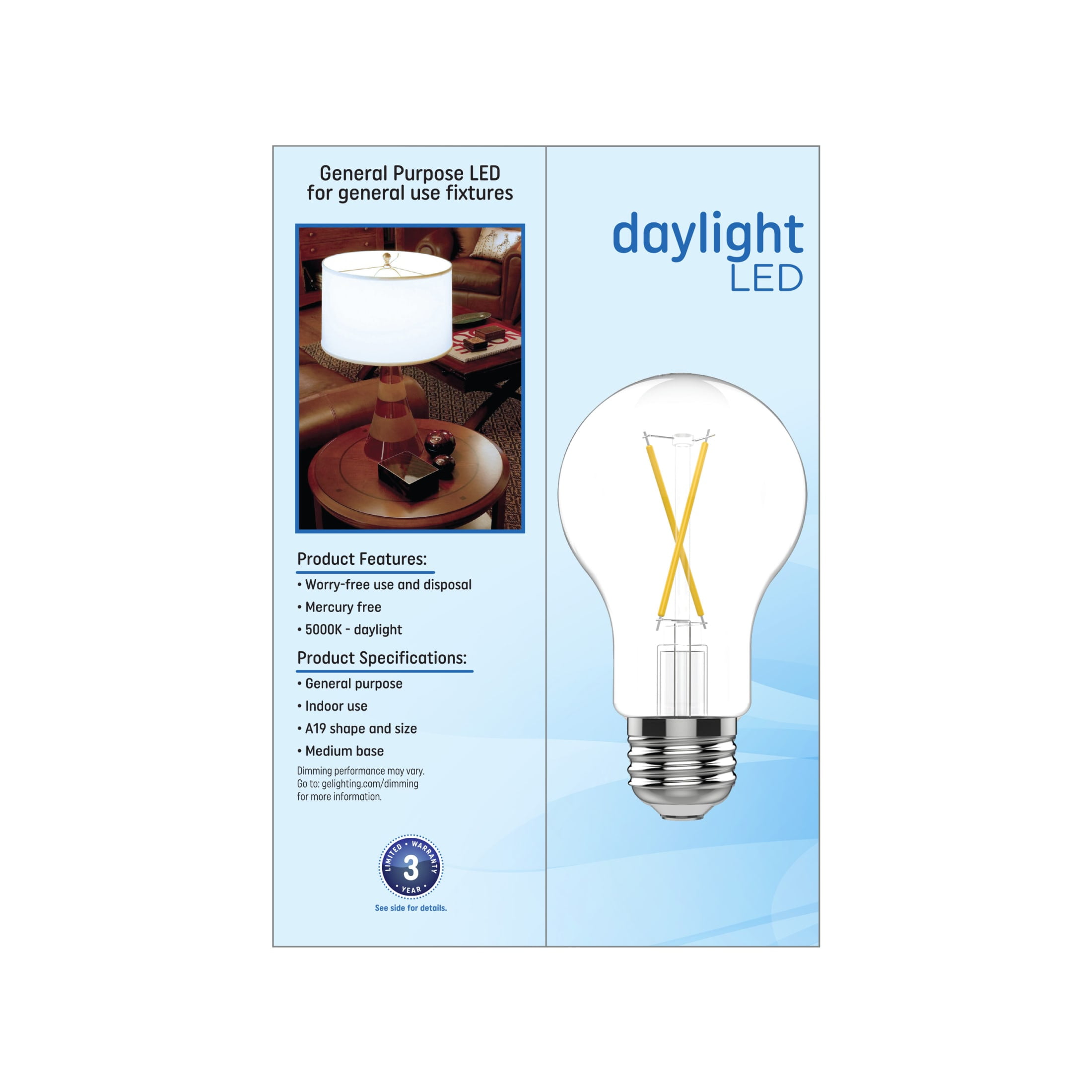 (2 pack) GE LED Light Bulbs, 40 Watts, Daylight, A19 Bulbs, Medium Base, Clear Finish, 13yr, 4pk