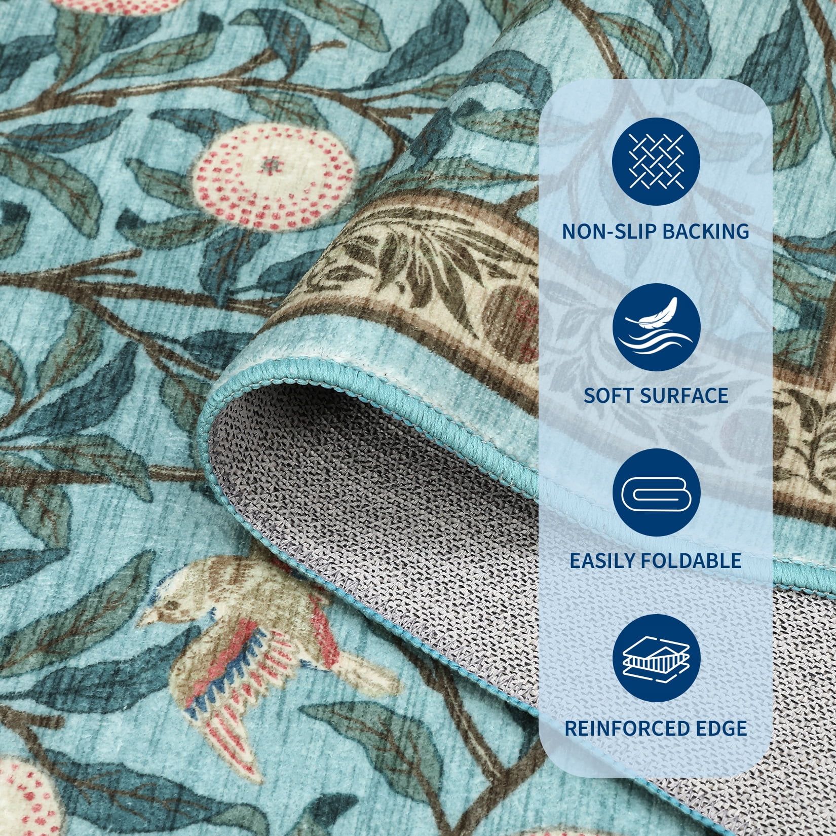 Hasoo Washable Area Rugs 9' x 12' Rug for Living Room Floral Modern Non Slip Throw Indoor Carpet, Light Blue