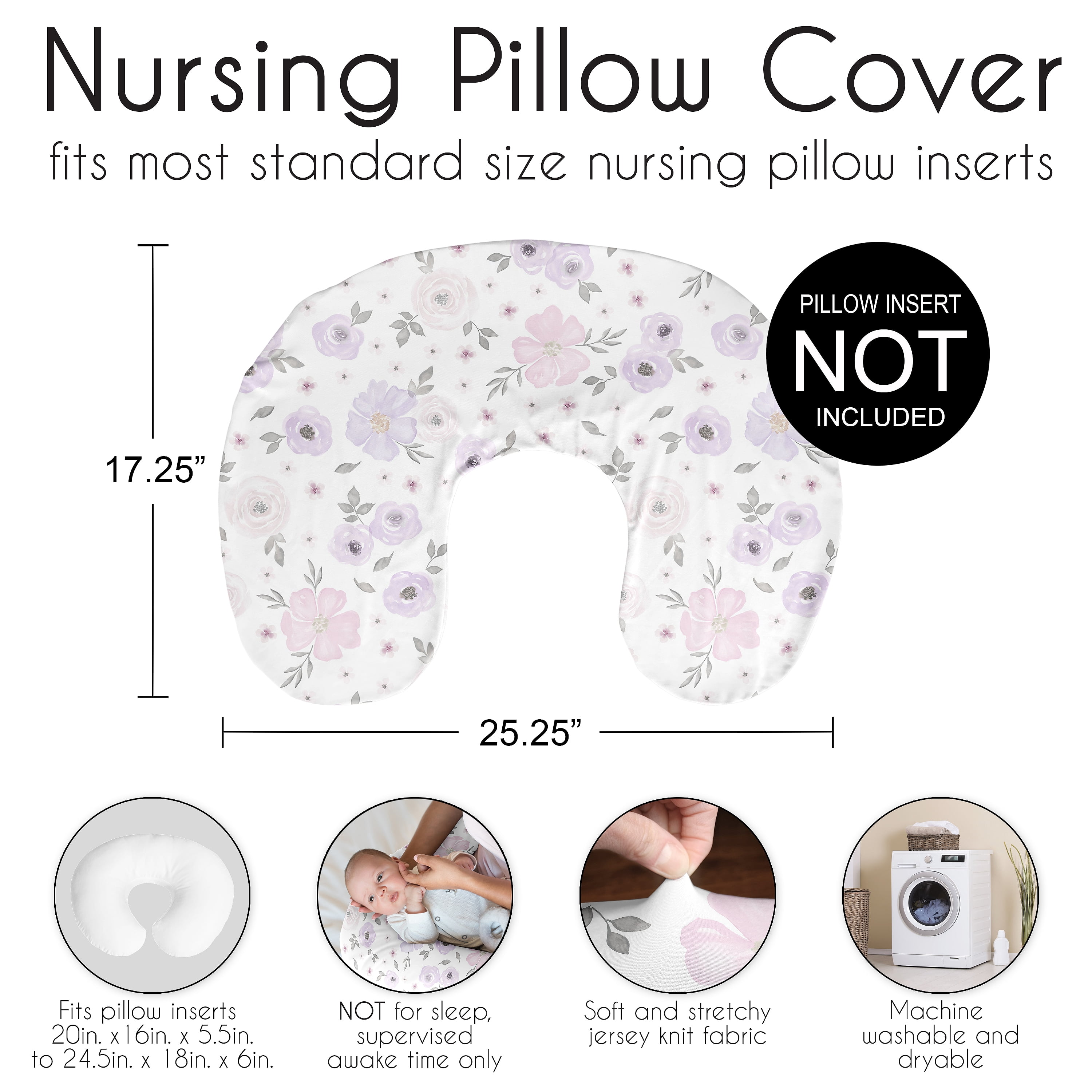 Sweet Jojo Designs Watercolor Floral Purple Grey and Pink Nursing Pillow Cover Case (Pillow Not Included) (Pillow NOT Included)