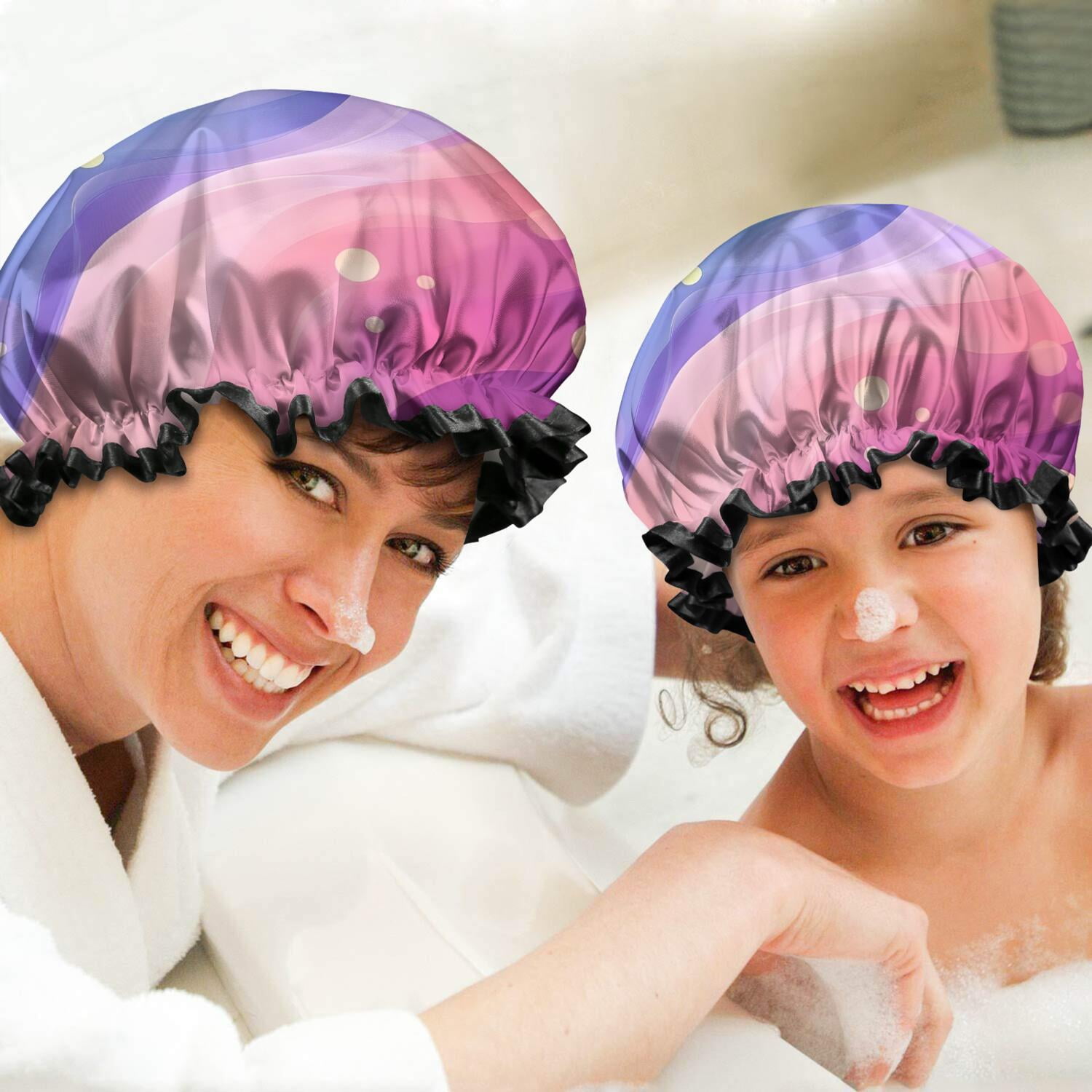 Shower Caps,Rainbow Tie Dye Wave Pattern Waterproof Shower Cap for Women 4 Pieces,Double Reusable Hair Cover for Shower PEVA Elastic Stretch Hem