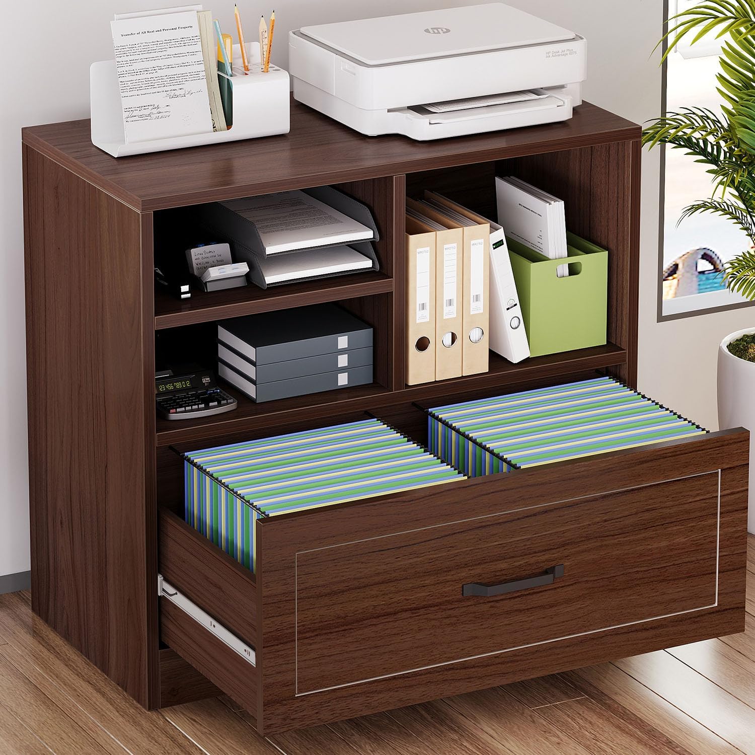 LVB Wood Lateral Filing Cabinet Drawer, Farmhouse File Cabinet Printer Stand with Storage Shelves, Printer Cabinet Fits A4 Letter Legal Size with Hanging File Folder for Home Office, 32.7" Walnut