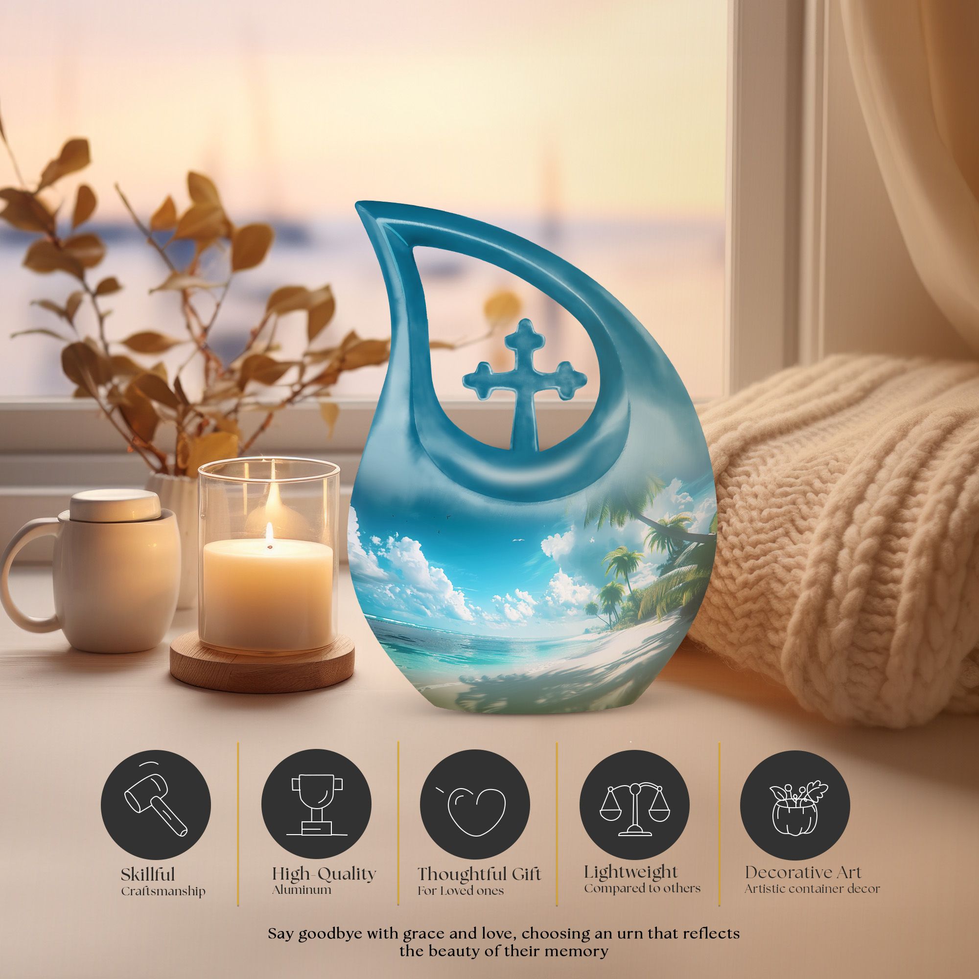 MUKTIVE Beach Cremation Burial Combo Sets Urns for Human Ashes Adult Men & Women, Blue Memorial Funeral Urn for Adult Father & Mother, (1 Large 10 ", 4 Keepsake 3 ") Decoration Urn for Human