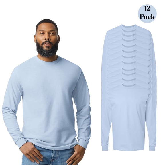 Gildan Mens Heavy Cotton Long Sleeve T-Shirt, Crew Neck Casual Blank Light Blue Tee, 12-Pack S