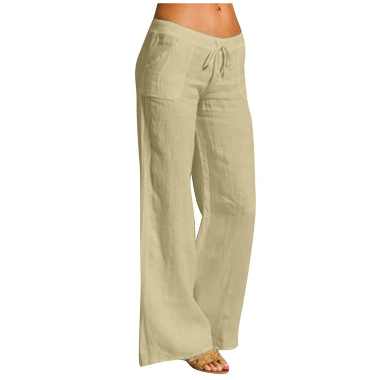 Cotonie Women's Cotton Linen Wide Leg Pants Casual Drawstring Elastic Waist Straight  Leg Pants Solid Color Wide Leg Trousers with Pockets - Walmart.com
