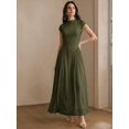 thumbnail image 5 of Womens Elegant Military Green Cap Sleeve High Neck A-Line Long Dress, 5 of 6