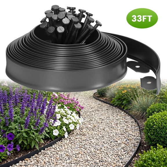 Garden Edging Border 2 Inch Tall - 33FT with 30pcs Spikes, Plastic Edging Border for Landscaping, Lawn, Garden, Flower Beds, Paver, Pathway (Black)