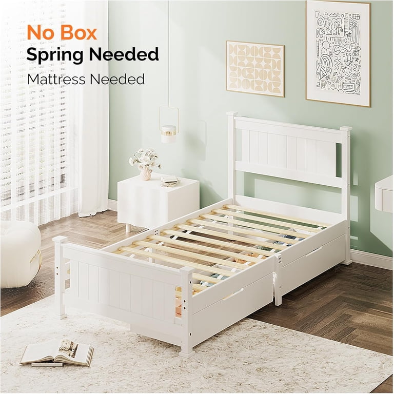 Zimtown Twin Bed Frame,Solid Pine Wood Platform Bed Frame with 2