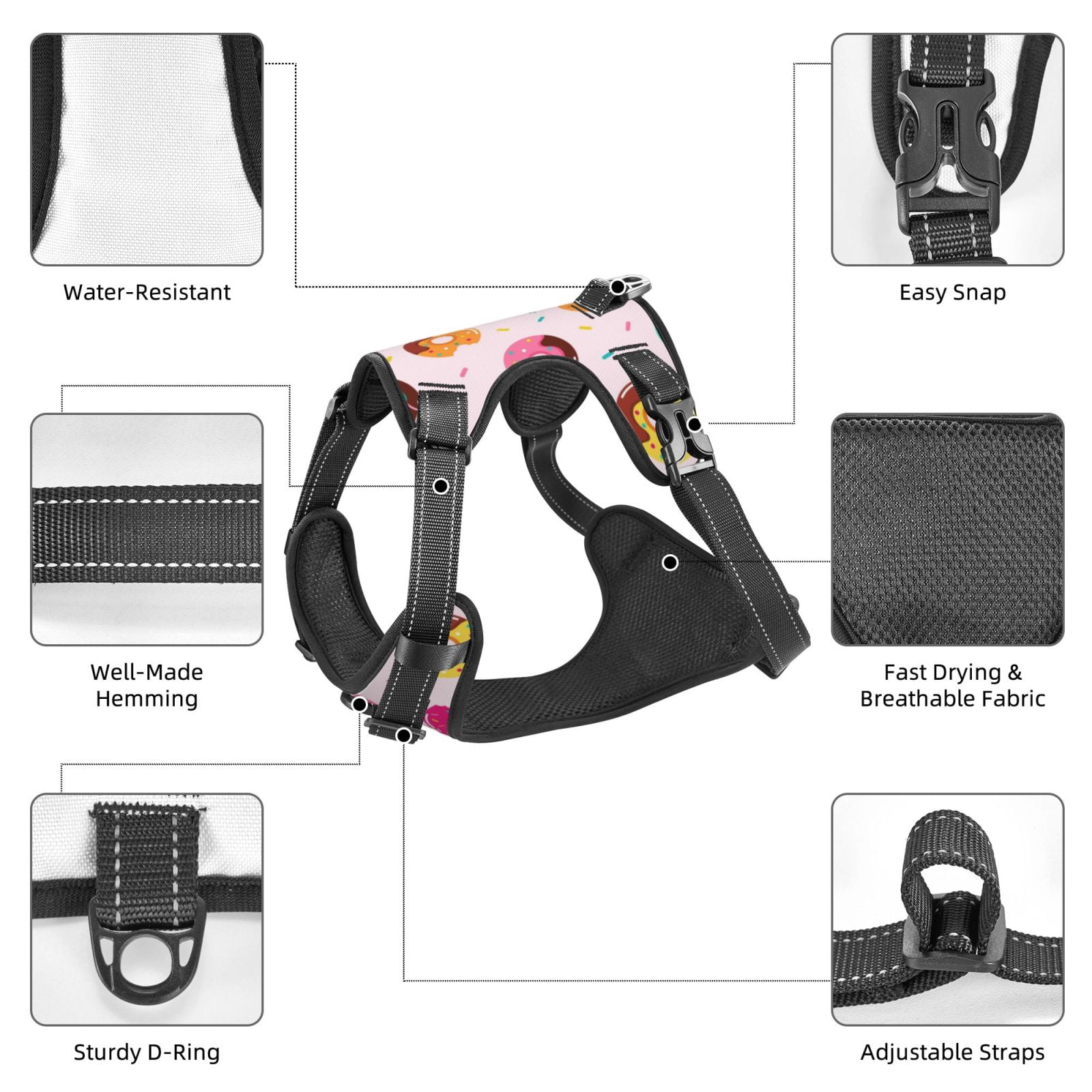 Picia Donut No-Pull Dog Harness Reflective Front Clip Vest with Handle,Step-in Air Dog Harness,Adjustable 2 Metal Rings 4 Buckles,Easy to Put on & Take Off