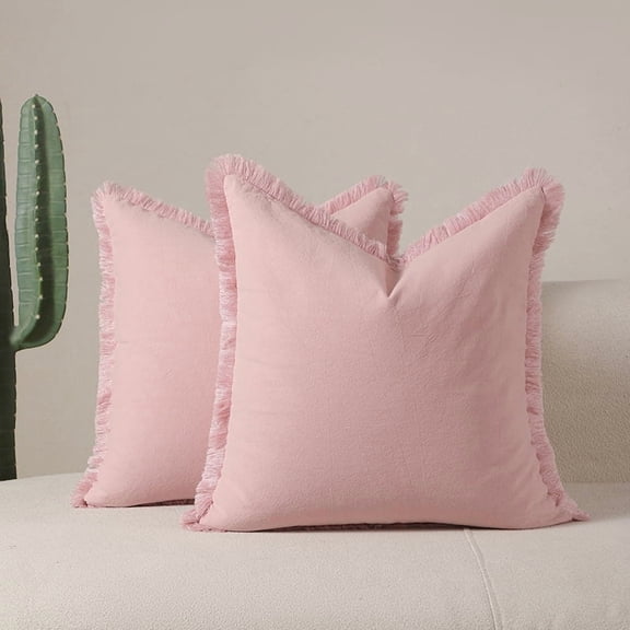 Firefly Hope 2-Pack 50*50cm Boho Farmhouse Linen Fringe Throw Pillows, Washed Cotton Tasseled Soft Accent Cushions for Couch & Bed, Pink