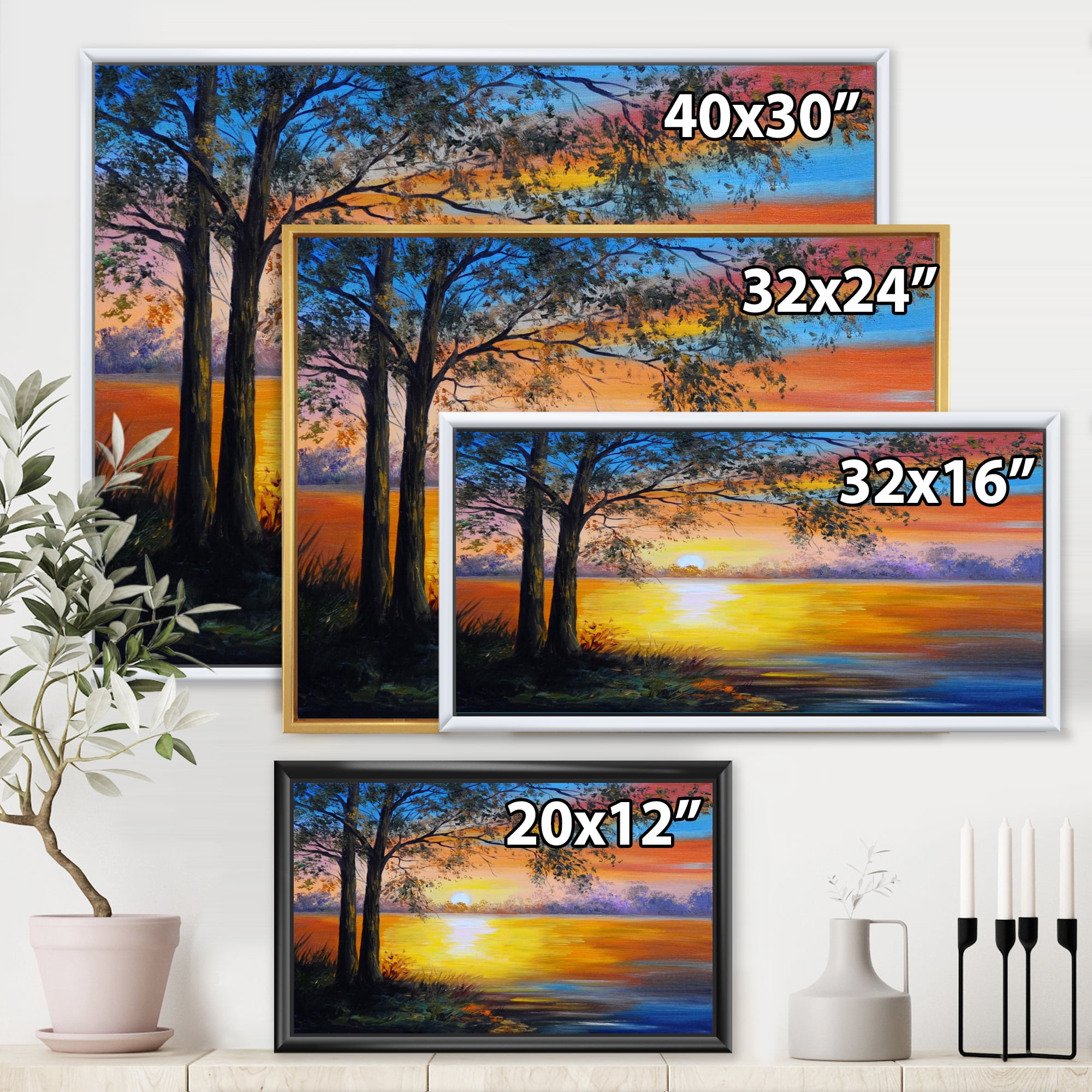 Tree Near The Lake in Evening 32 in x 24 in Framed Painting Canvas Art Print, by Designart