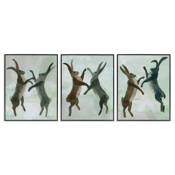 Stupell Industries Battling Hares in Neutral Tones Animals Painting Black Framed Art Print Wall Art, 11 x 14, Set of 3