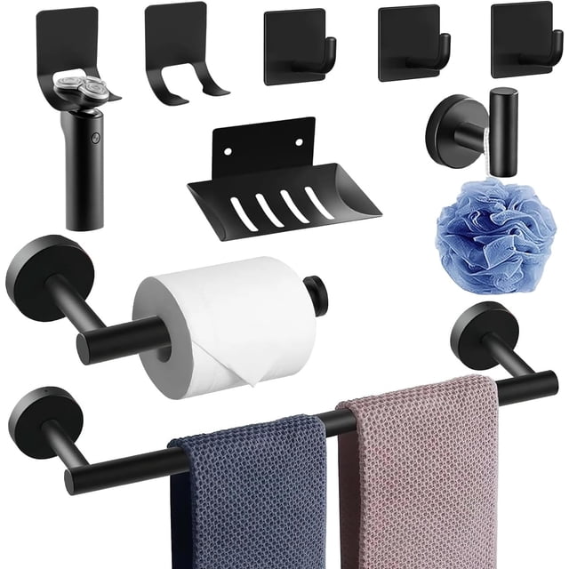 Juego de Accesorios de Baño, kit para baño de Acero Inoxidable, Toalleros+Portarrollos para Papel+Toalla Gancho+Jabonera+Ganchos Adhesivo, Baño, Cocina, Hotel